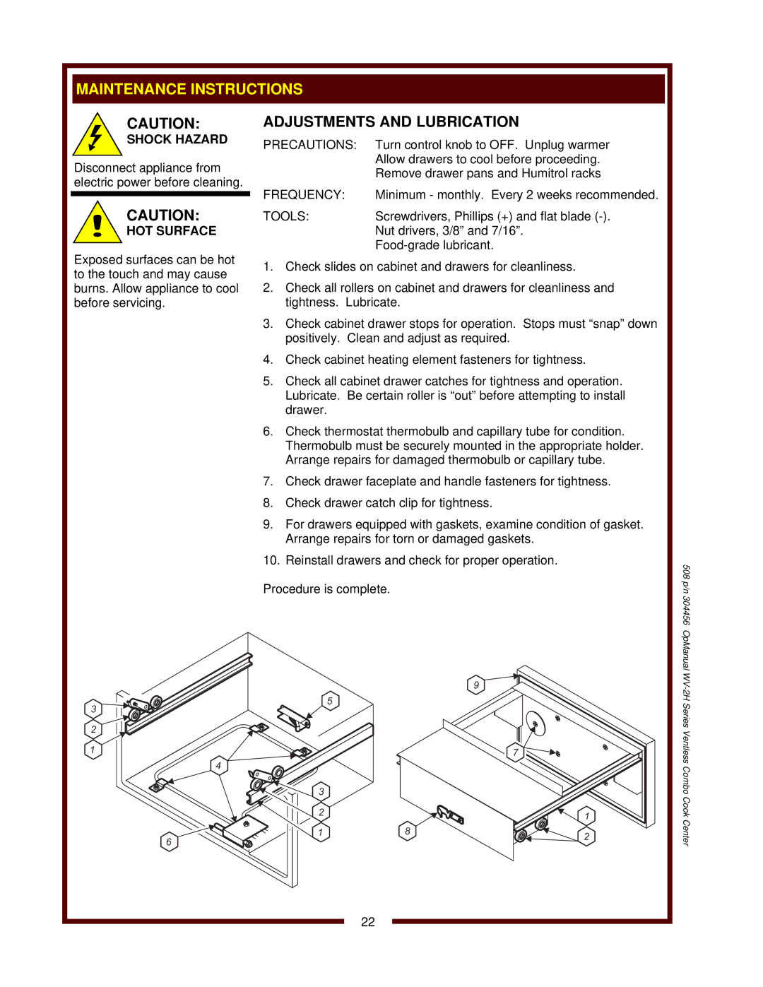 Bloomfield WV-2HSGRWT, WV-2HFGRWT operation manual Adjustments and Lubrication, Shock Hazard, HOT Surface 