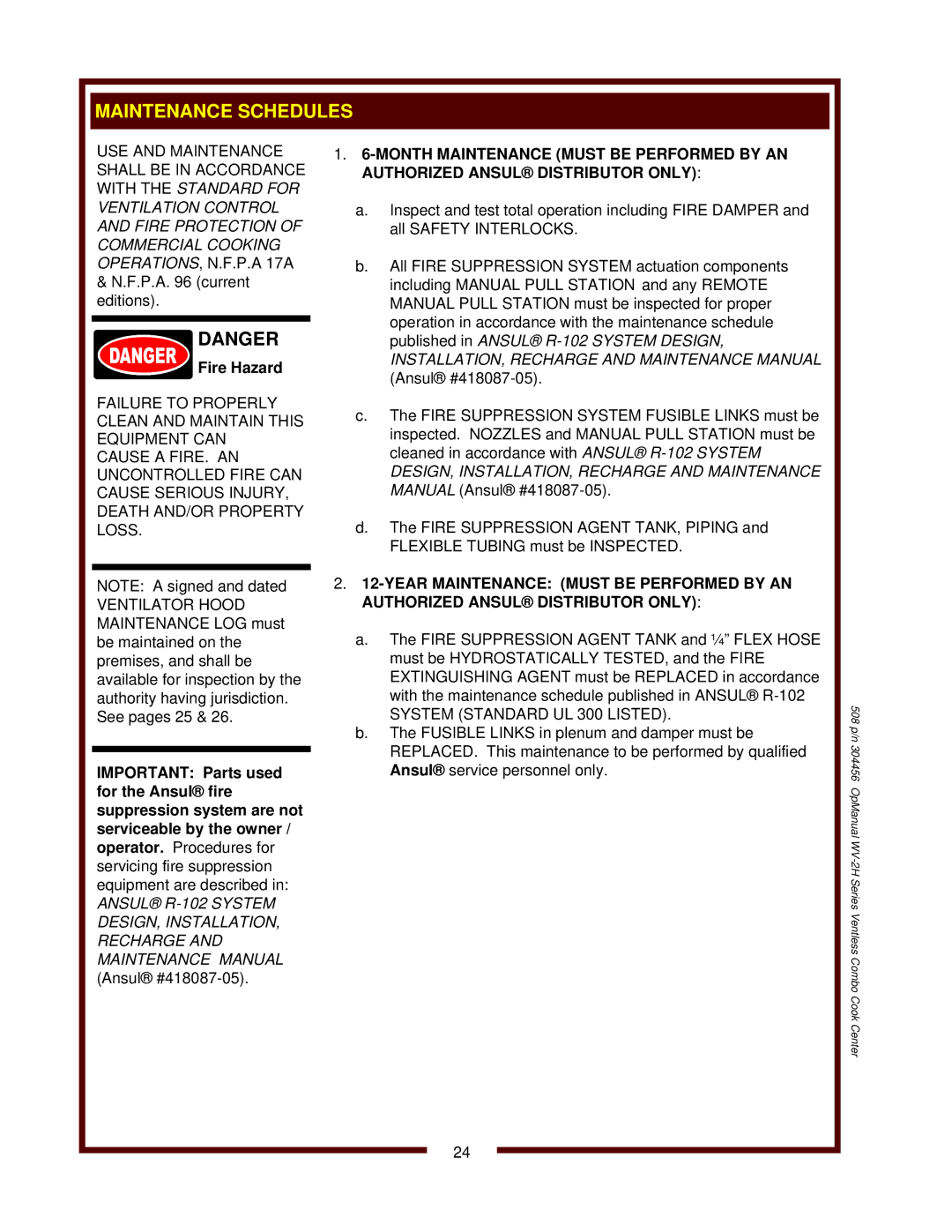 Bloomfield WV-2HFGRWT, WV-2HSGRWT operation manual Maintenance Schedules, Fire Hazard 