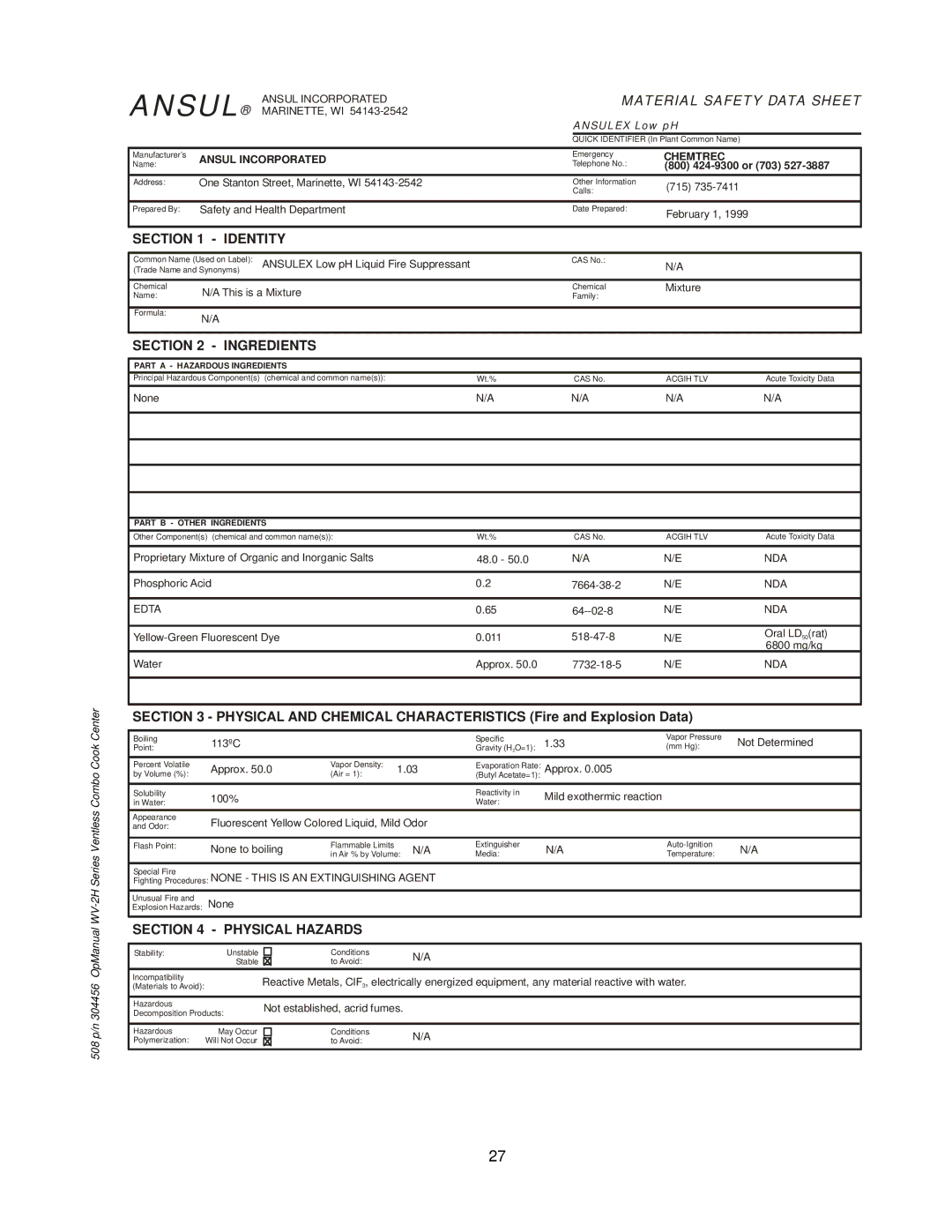 Bloomfield WV-2HSGRWT, WV-2HFGRWT operation manual Ansul 