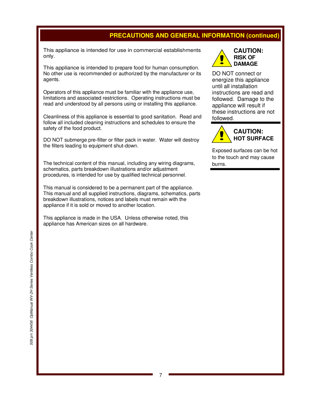 Bloomfield WV-2HSGRWT, WV-2HFGRWT operation manual Risk Damage, HOT Surface 