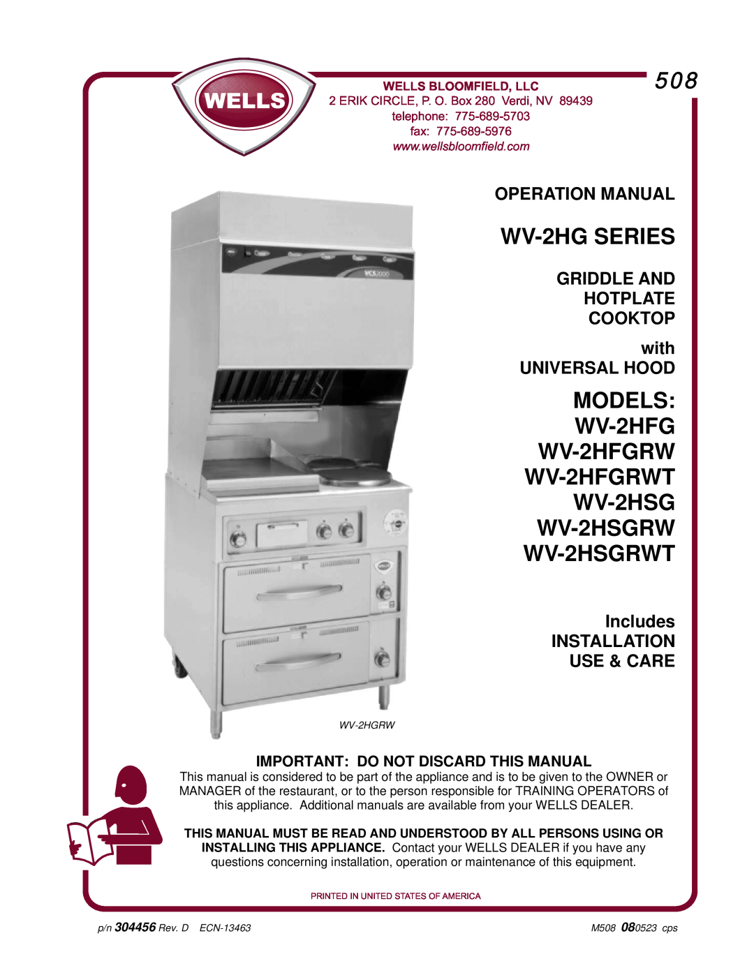 Bloomfield WV-2HSGRWT operation manual Important Do Not Discard This Manual, Wells Bloomfield, Llc, fax, WV-2HGSERIES 