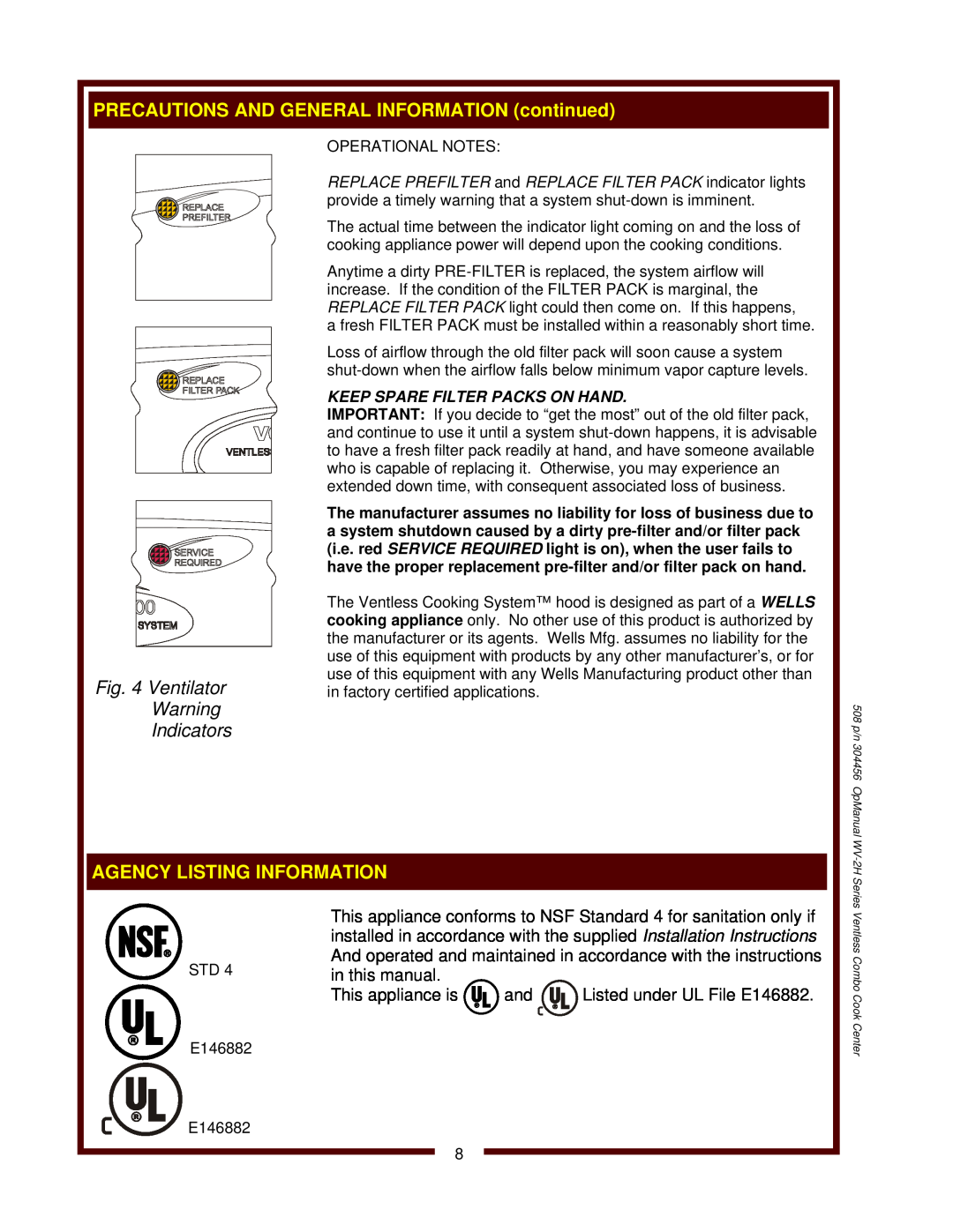 Bloomfield WV-2HSGRWT, WV-2HFGRWT operation manual Ventilator, Indicators, E146882 