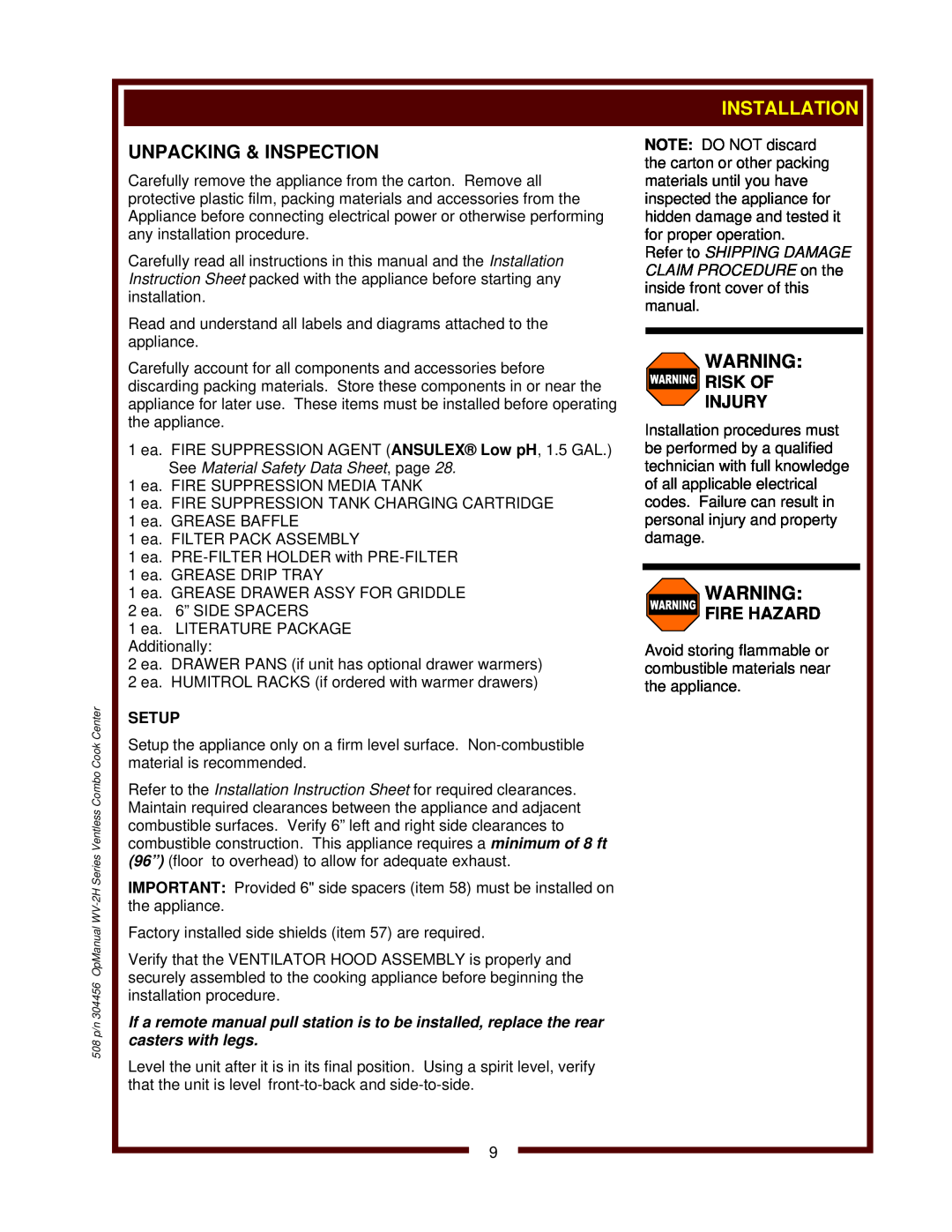 Bloomfield WV-2HSGRWT, WV-2HFGRWT operation manual Unpacking & Inspection, Installation, Risk Of Injury, Fire Hazard 