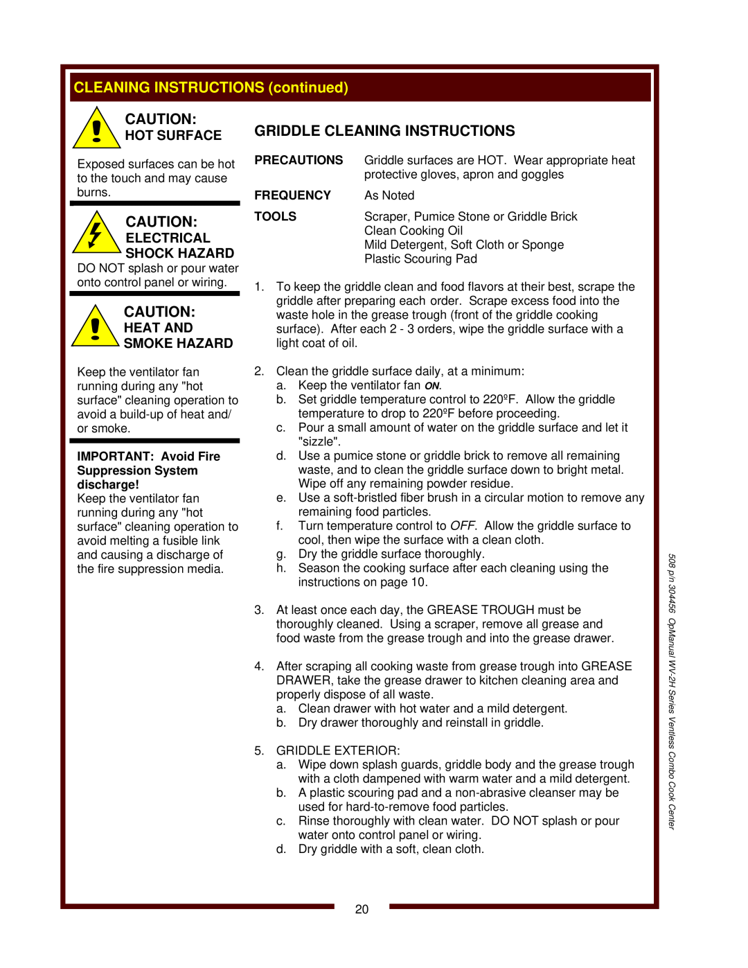 Bloomfield WV-2HFG, WV-2HSG Griddle Cleaning Instructions, Electrical Shock Hazard, Heat And Smoke Hazard, Hot Surface 