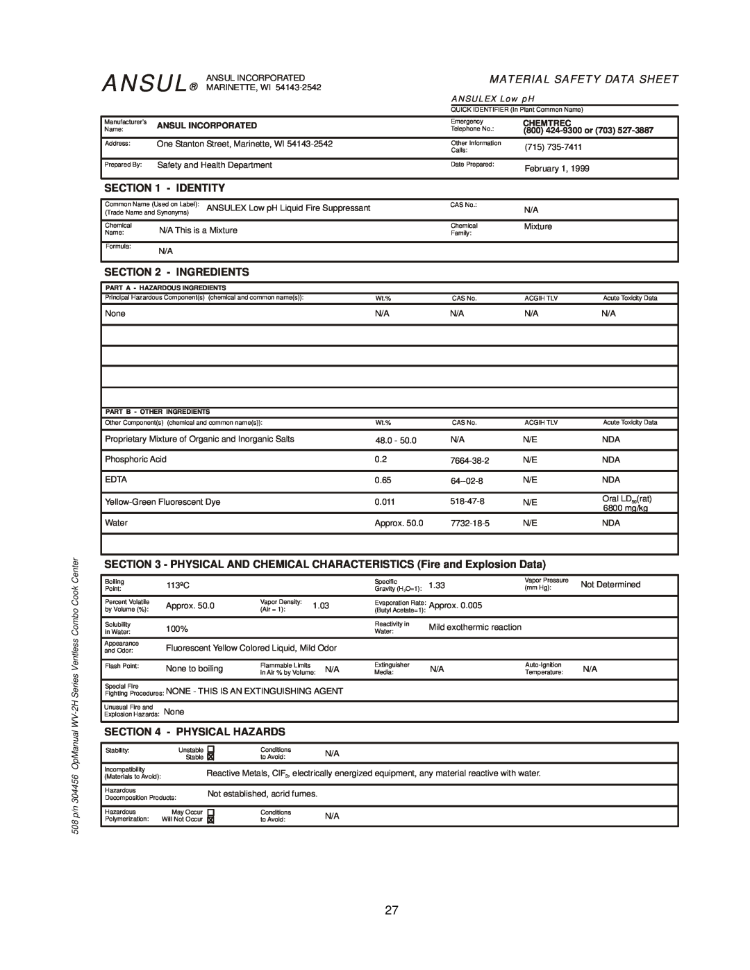 Bloomfield WV-2HFGRW Ansul, Material Safety Data Sheet, Identity, Ingredients, Physical Hazards, ANSULEX Low pH, Chemtrec 