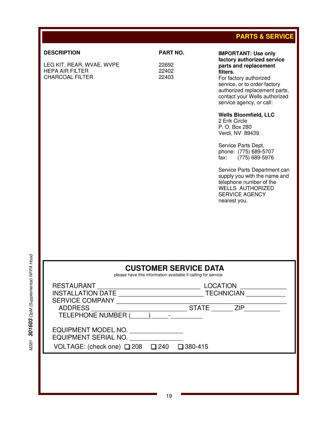 Bloomfield WVAE-30F operation manual Wells Bloomfield, LLC 