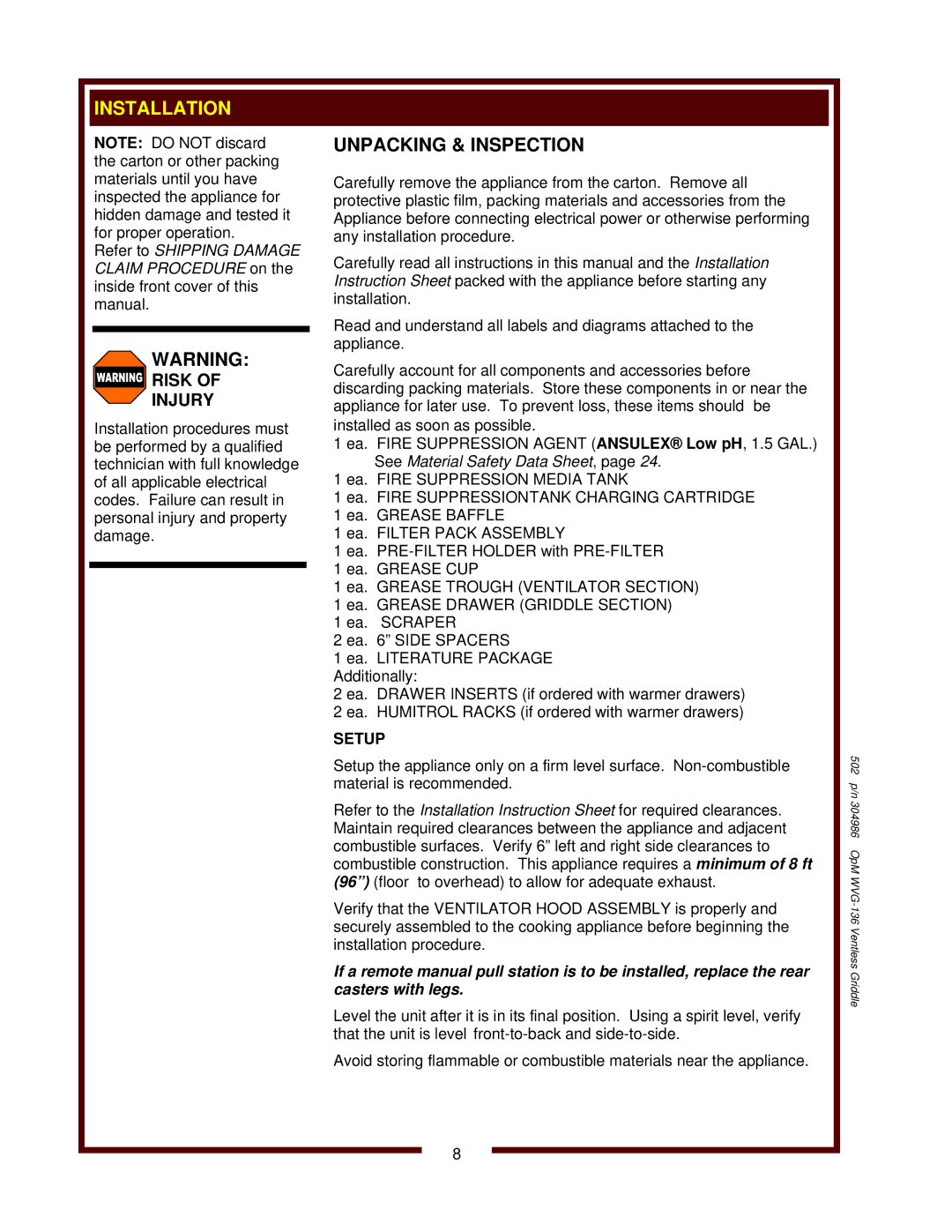 Bloomfield WVG-136RWT operation manual 502 p/n 304986 OpM WVG-136 Ventless Griddle 