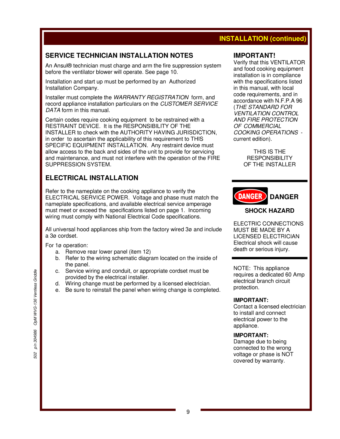 Bloomfield WVG-136RWT operation manual 502 p/n 304986 OpM WVG-136 Ventless Griddle 