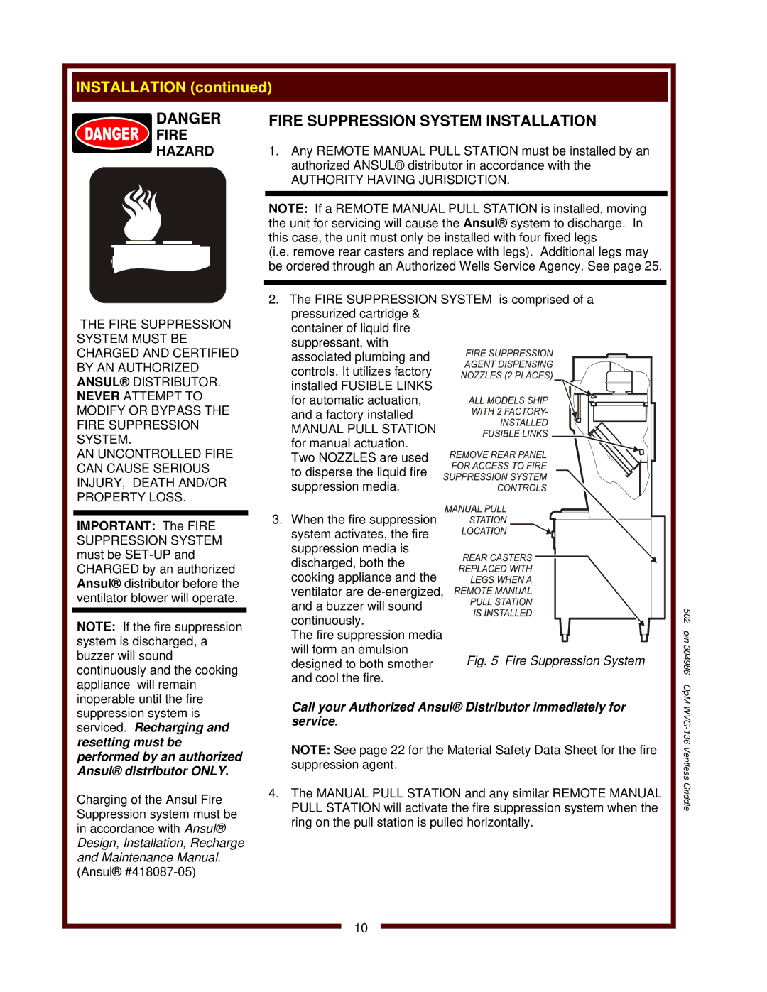 Bloomfield WVG-136RWT operation manual Fire Suppression System Installation, Fire Hazard, Authority Having Jurisdiction 