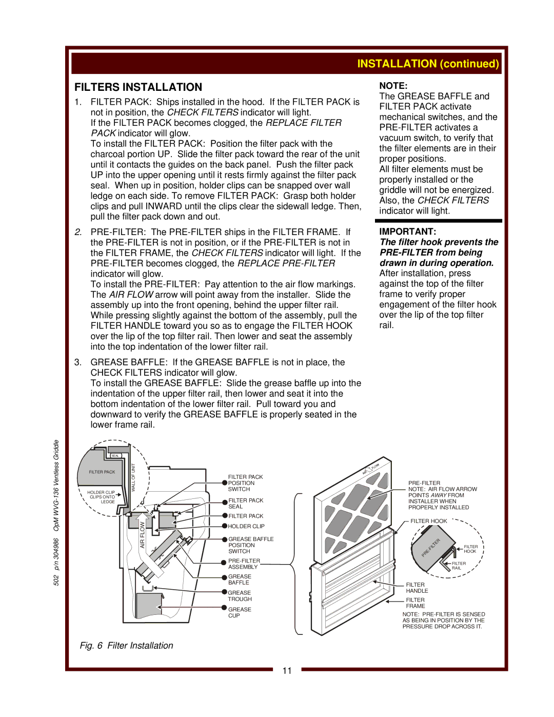 Bloomfield WVG-136RWT operation manual Filter Installation 