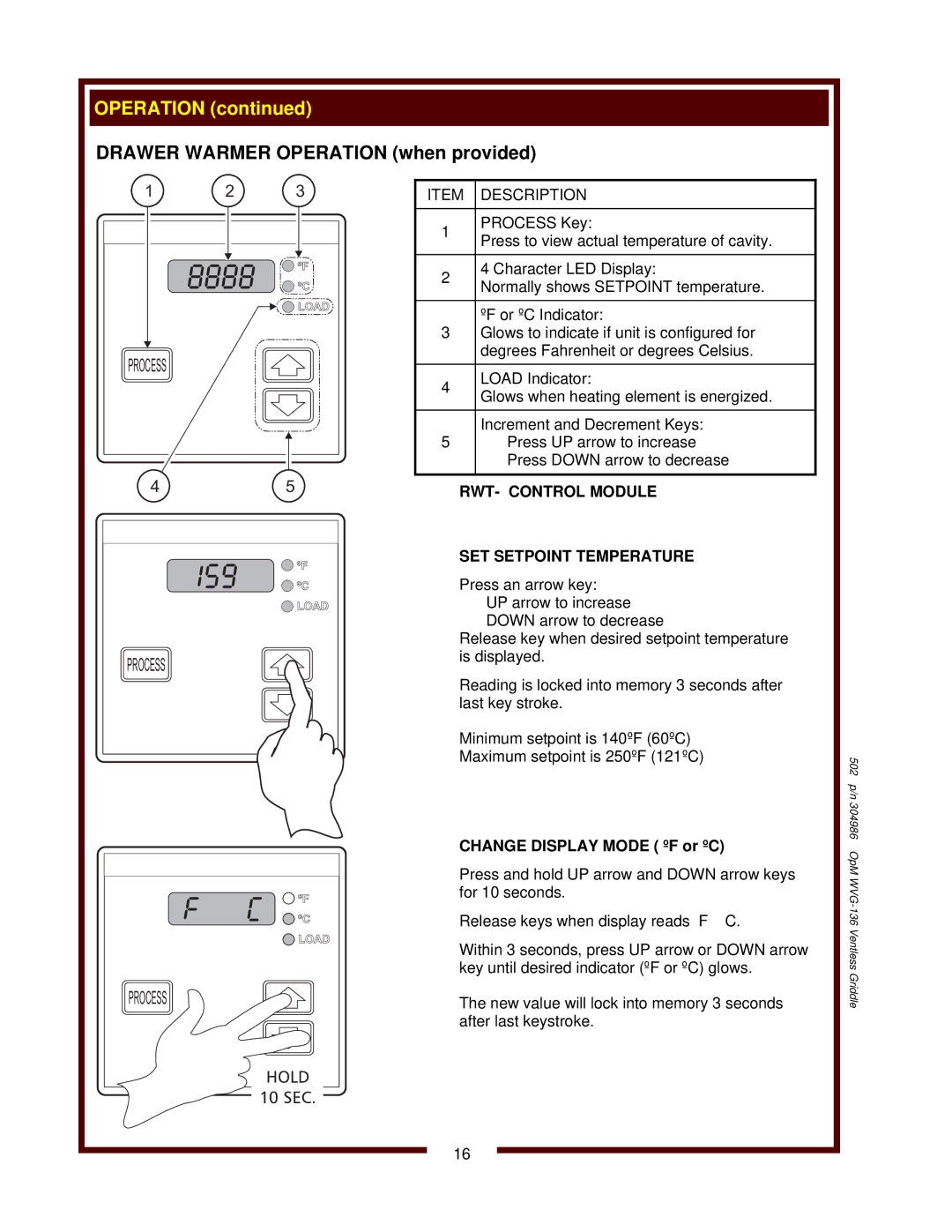 Bloomfield WVG-136RWT operation manual Item Description, Change Display Mode ºF or ºC 