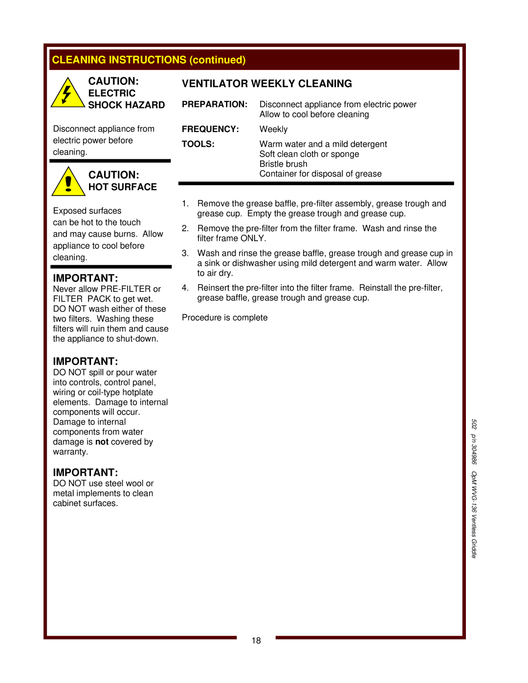 Bloomfield WVG-136RWT operation manual Ventilator Weekly Cleaning, Frequency Weekly 