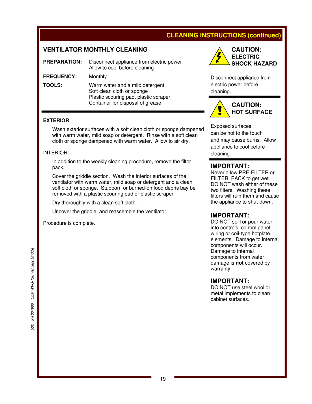 Bloomfield WVG-136RWT operation manual Ventilator Monthly Cleaning, Frequency Monthly, Interior 