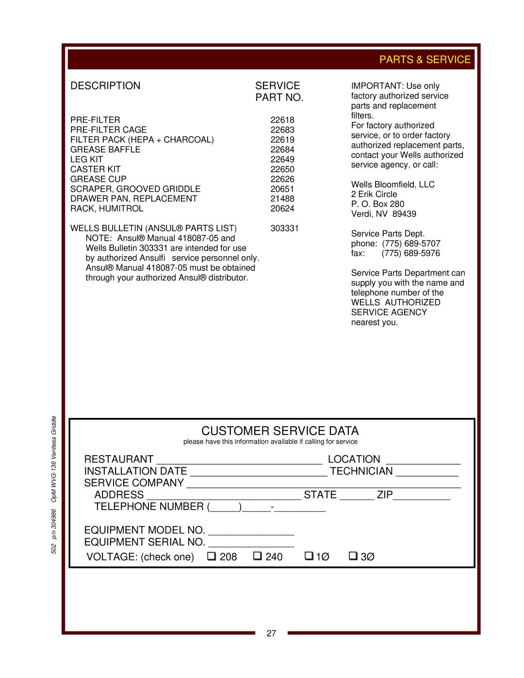 Bloomfield WVG-136RWT operation manual Wells Bloomfield, LLC 