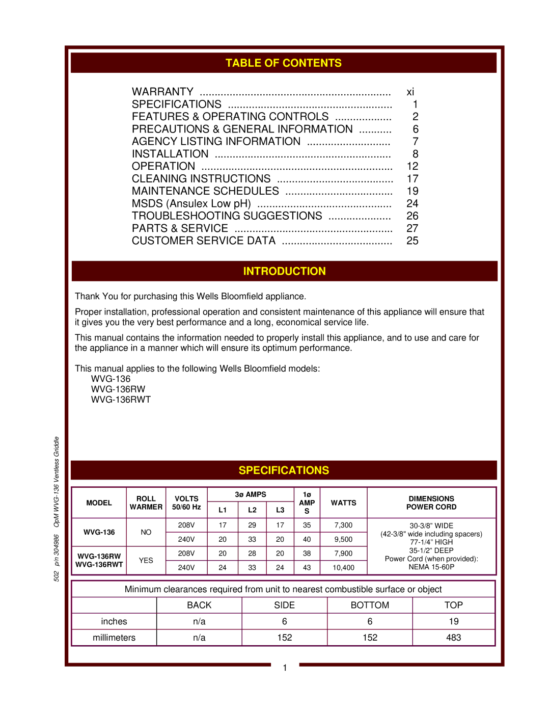 Bloomfield WVG-136RWT operation manual Introduction, Back Side Bottom TOP 
