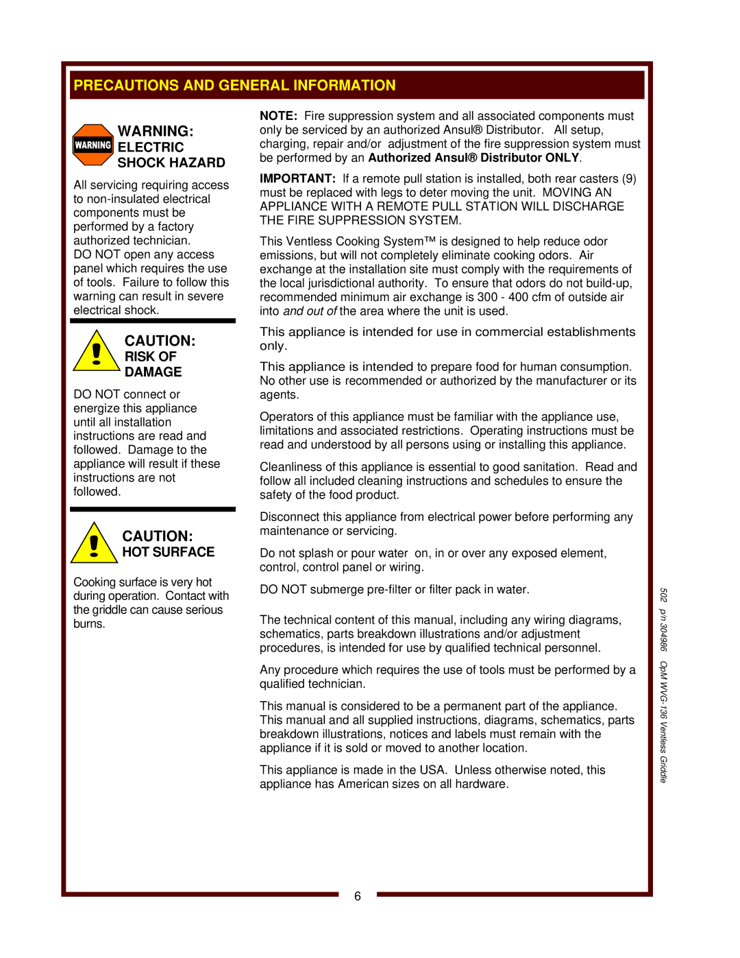 Bloomfield WVG-136RWT operation manual Electric Shock Hazard, Risk Damage, HOT Surface 