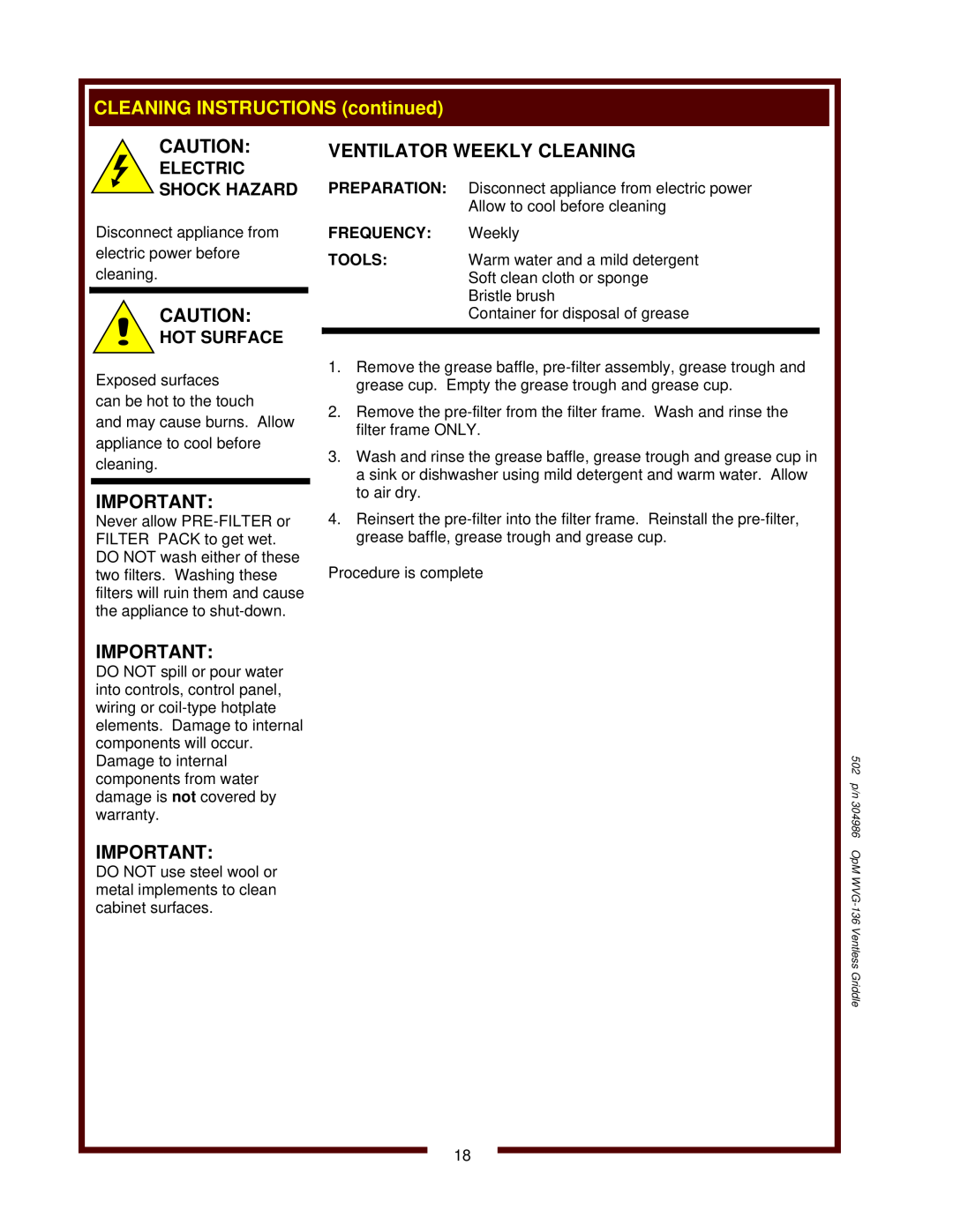 Bloomfield WVG-136RW CLEANING INSTRUCTIONS continued, Ventilator Weekly Cleaning, FREQUENCY Weekly, Electric Shock Hazard 
