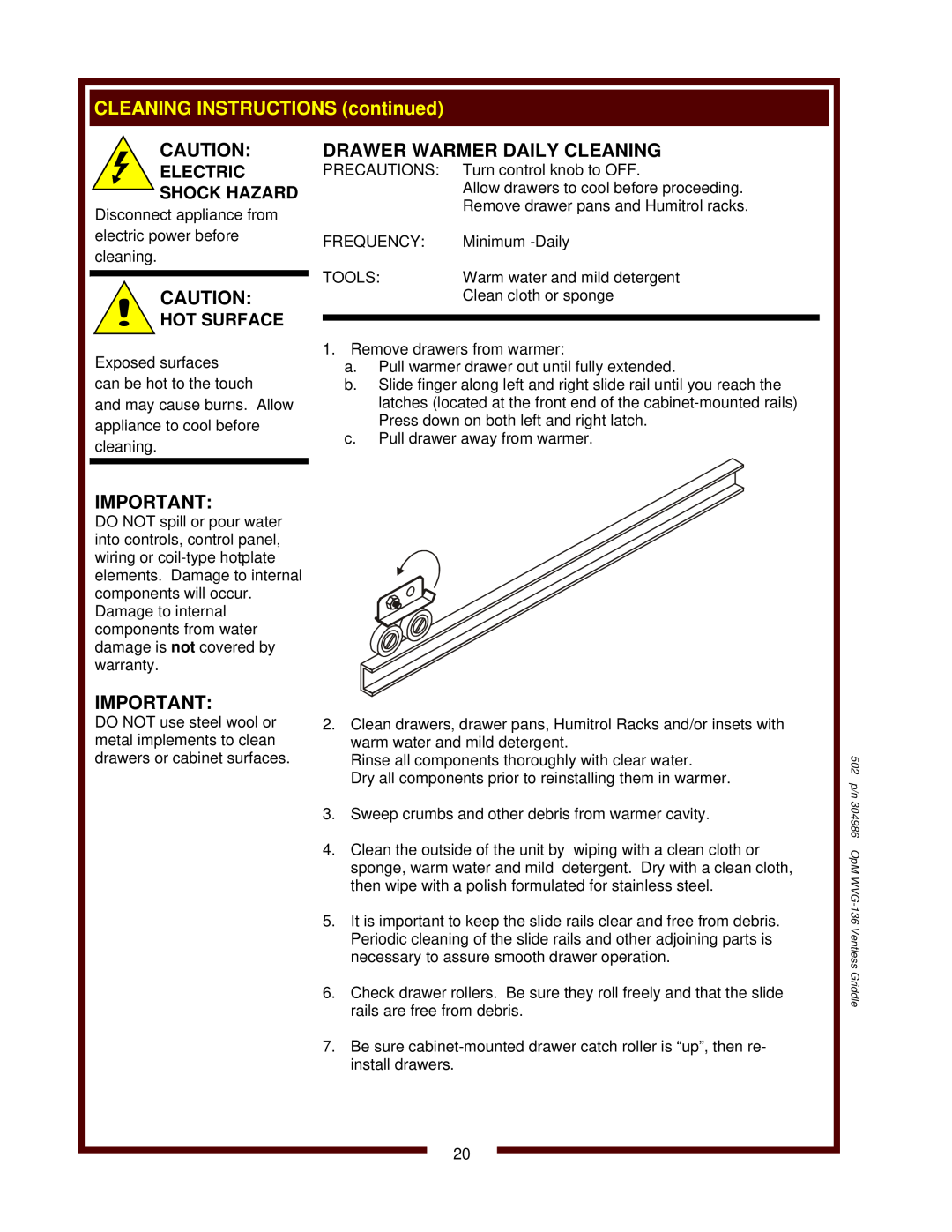 Bloomfield WVG-136RWT operation manual CLEANING INSTRUCTIONS continued, 502 p/n 304986 OpM WVG-136 Ventless Griddle 
