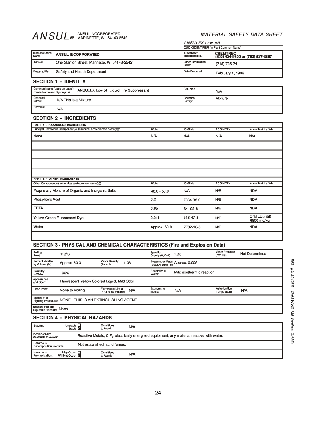 Bloomfield WVG-136RW Ansul, Material Safety Data Sheet, Identity, Ingredients, Physical Hazards, ANSULEX Low pH, Chemtrec 