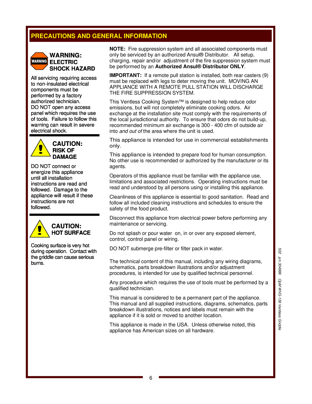 Bloomfield WVG-136RWT operation manual Electric Shock Hazard, Risk Of Damage, Hot Surface 