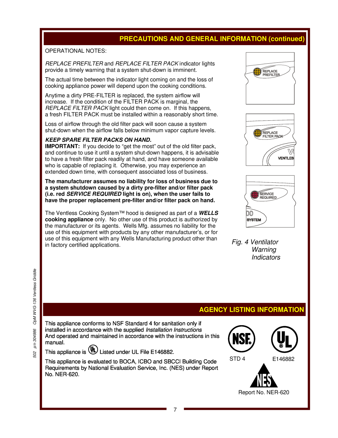 Bloomfield WVG-136RWT operation manual Ventilator, Indicators 