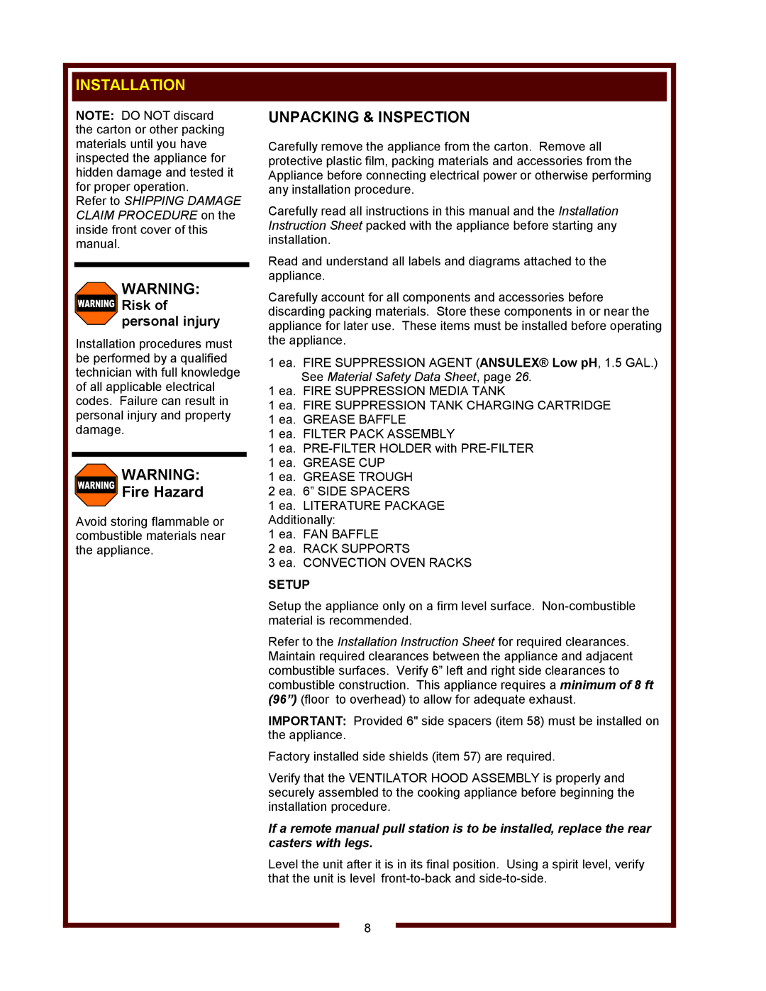 Bloomfield WVOC-2HSG, WVOC-2HFG operation manual Installation, Unpacking & Inspection, Setup 