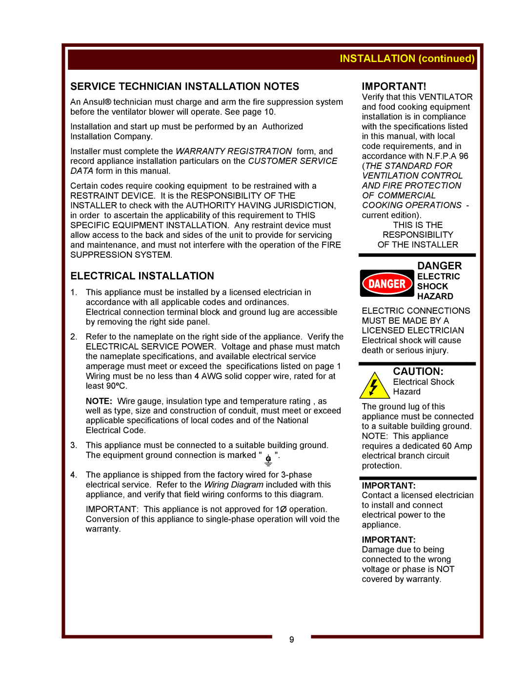 Bloomfield WVOC-2HFG Service Technician Installation Notes, Electrical Installation, This is Responsibility Installer 