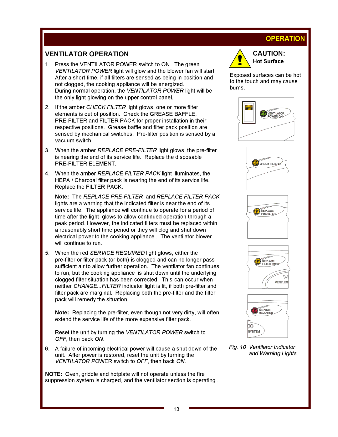 Bloomfield WVOC-2HFG, WVOC-2HSG operation manual Ventilator Operation, PRE-FILTER Element, Hot Surface 