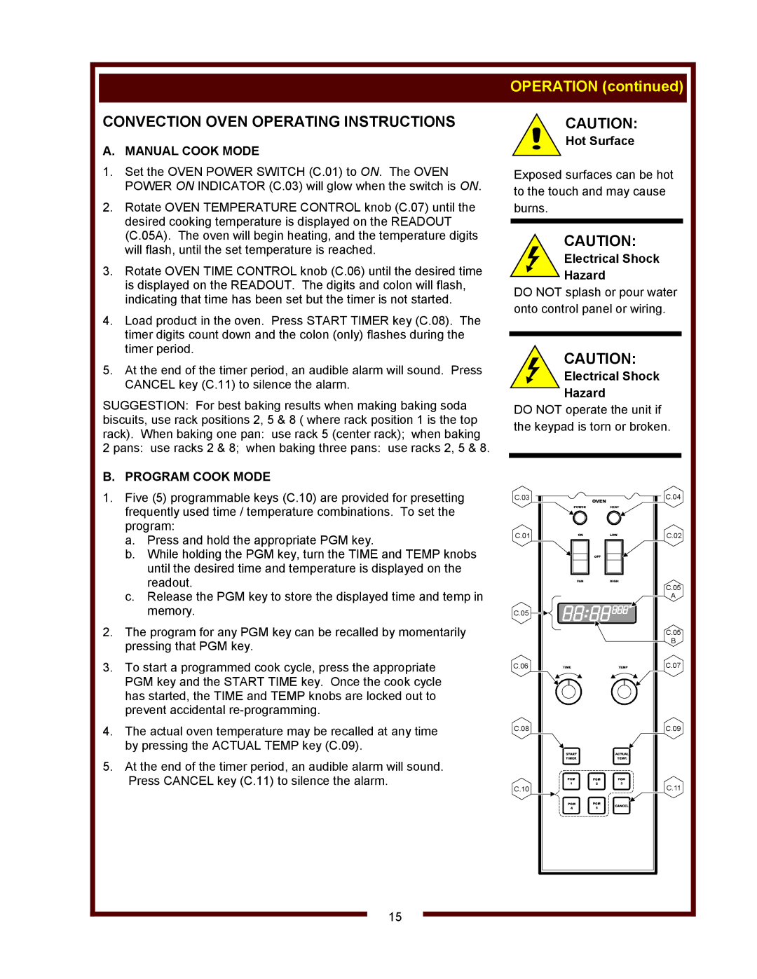 Bloomfield WVOC-2HFG Convection Oven Operating Instructions, Manual Cook Mode, Program Cook Mode, Electrical Shock Hazard 