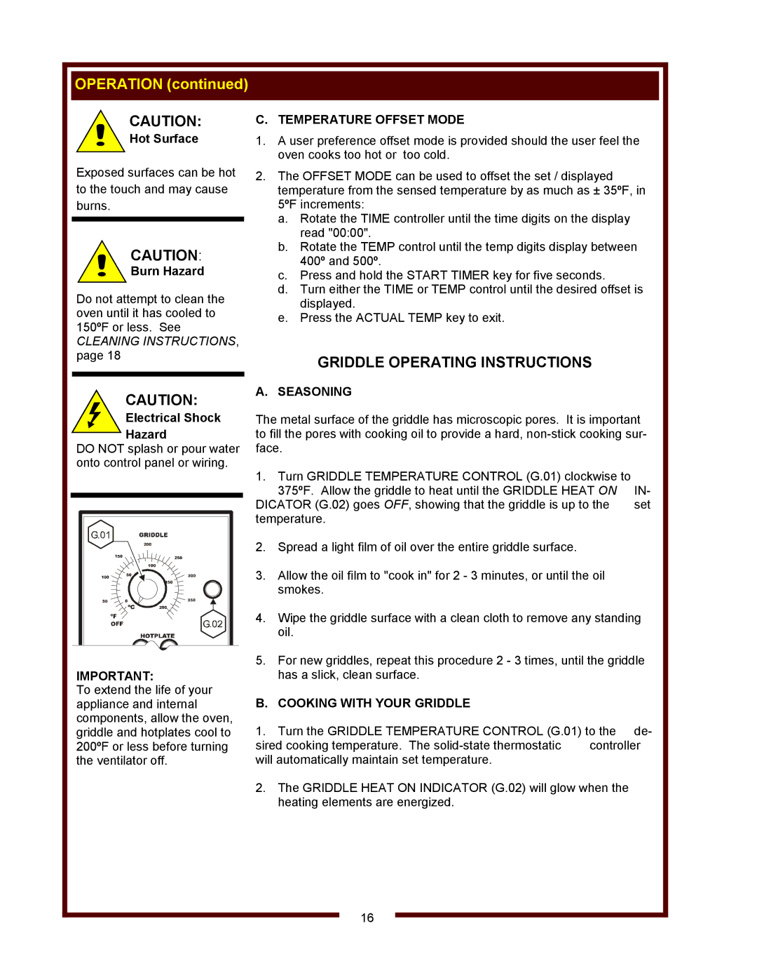 Bloomfield WVOC-2HSG, WVOC-2HFG Griddle Operating Instructions, Burn Hazard, Temperature Offset Mode, Seasoning 