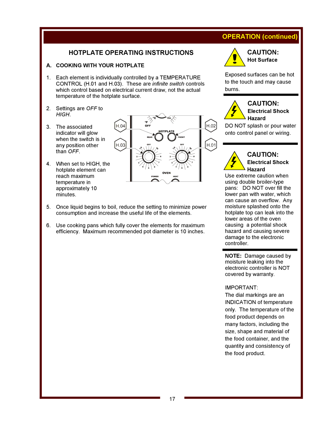 Bloomfield WVOC-2HFG, WVOC-2HSG operation manual Hotplate Operating Instructions, Cooking with Your Hotplate 