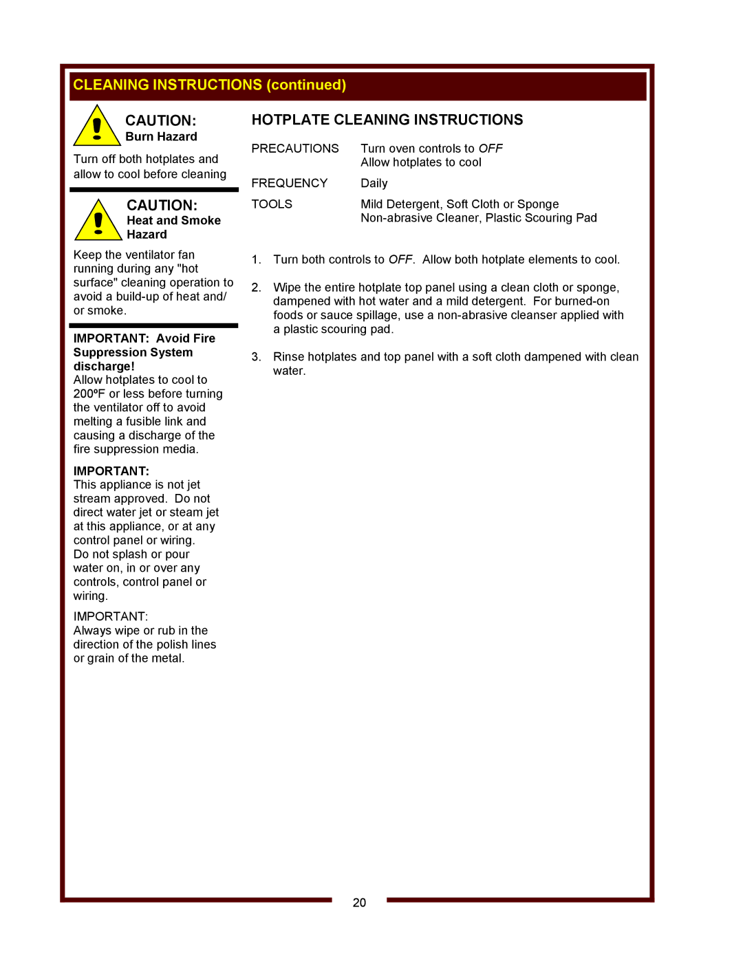 Bloomfield WVOC-2HSG, WVOC-2HFG operation manual Hotplate Cleaning Instructions, Precautions, Frequency, Tools 