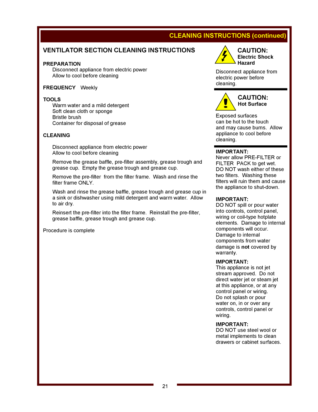 Bloomfield WVOC-2HFG Ventilator Section Cleaning Instructions, Preparation, Frequency Weekly, Electric Shock Hazard 