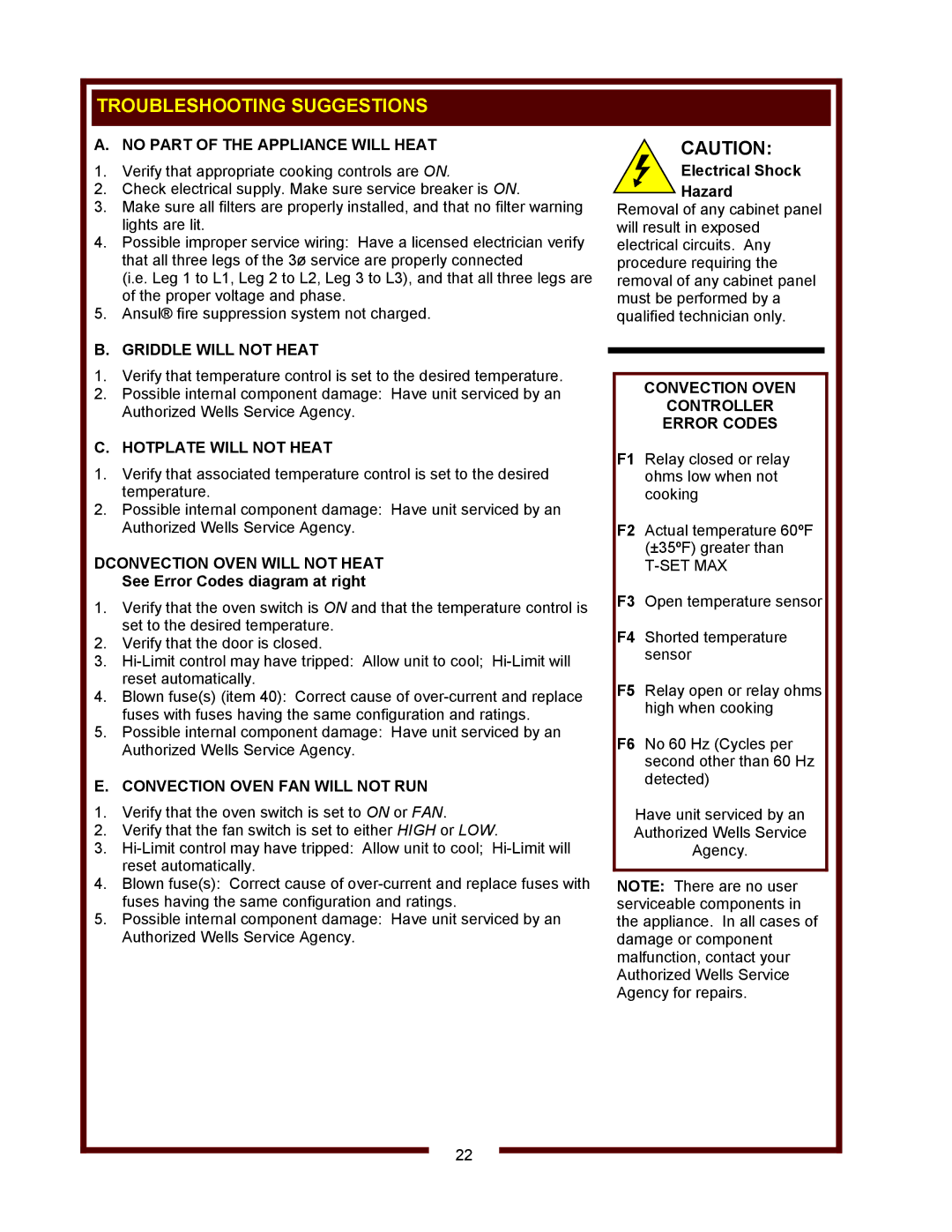 Bloomfield WVOC-2HSG, WVOC-2HFG operation manual Troubleshooting Suggestions 