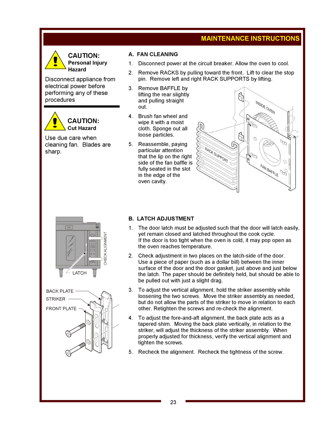 Bloomfield WVOC-2HFG, WVOC-2HSG Maintenance Instructions, Personal Injury Hazard, FAN Cleaning, Latch Adjustment 