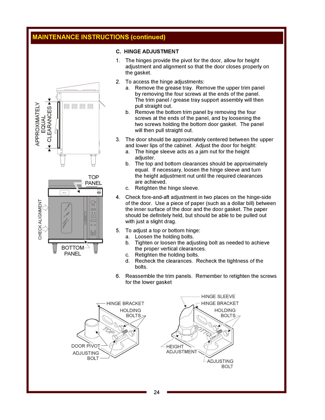 Bloomfield WVOC-2HSG, WVOC-2HFG operation manual Maintenance Instructions, Hinge Adjustment 