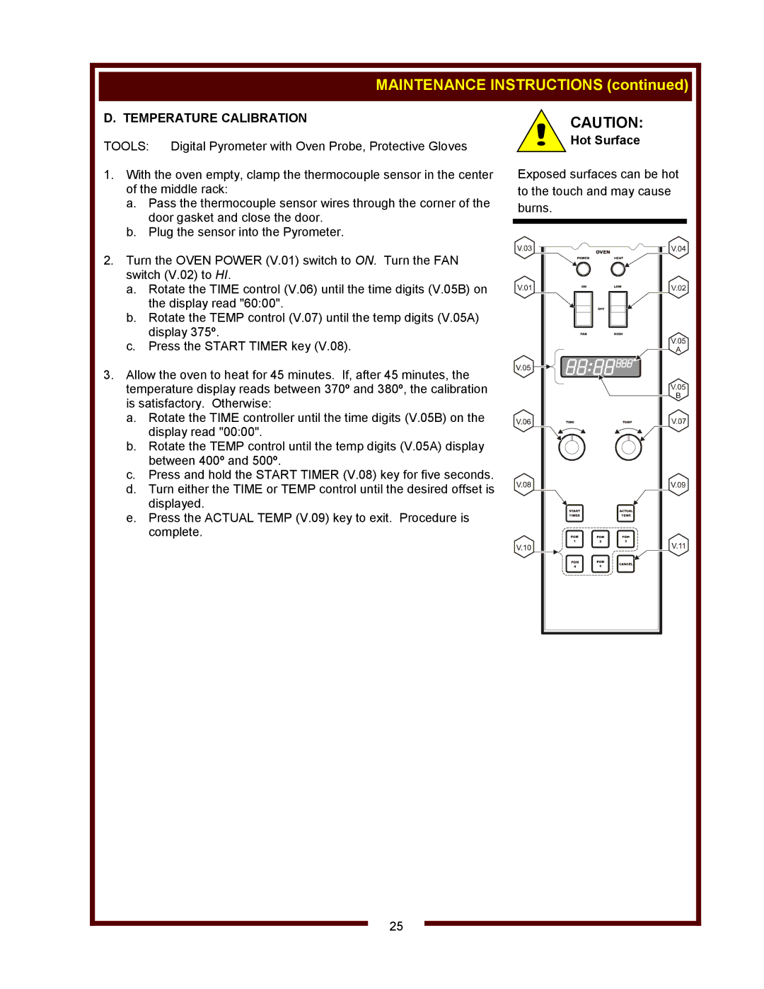 Bloomfield WVOC-2HFG, WVOC-2HSG operation manual Temperature Calibration, Hot Surface 