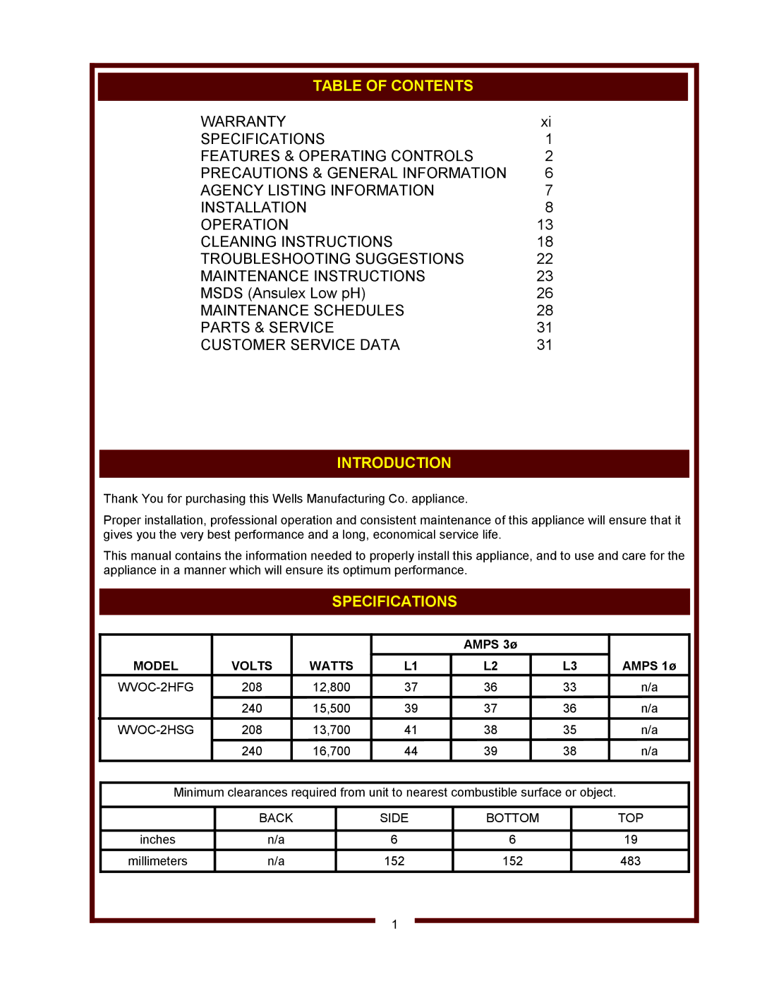 Bloomfield WVOC-2HFG, WVOC-2HSG operation manual Table of Contents, Introduction, Specifications 