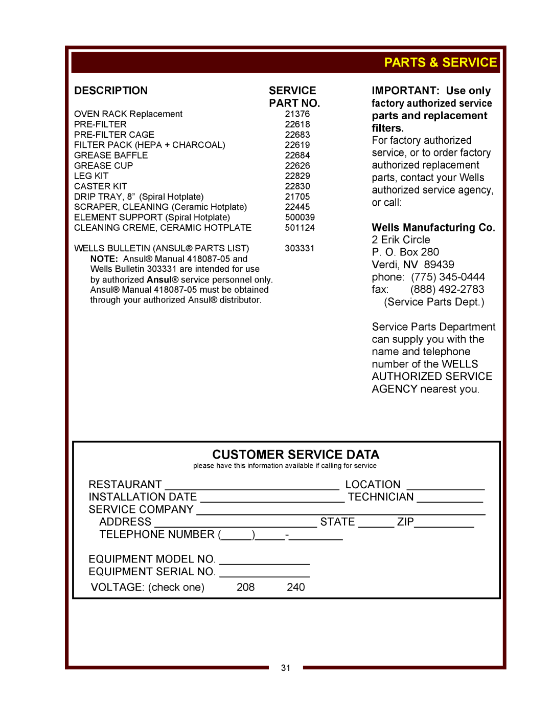 Bloomfield WVOC-2HFG, WVOC-2HSG operation manual Description Service 