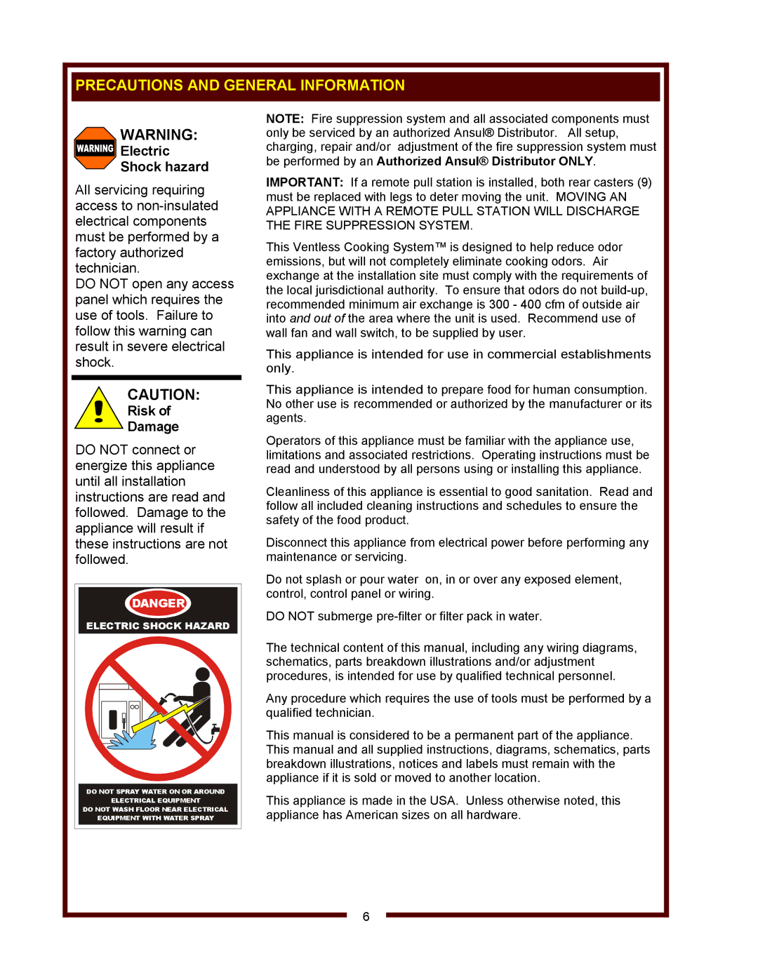 Bloomfield WVOC-2HSG, WVOC-2HFG operation manual Precautions and General Information, Electric Shock hazard 