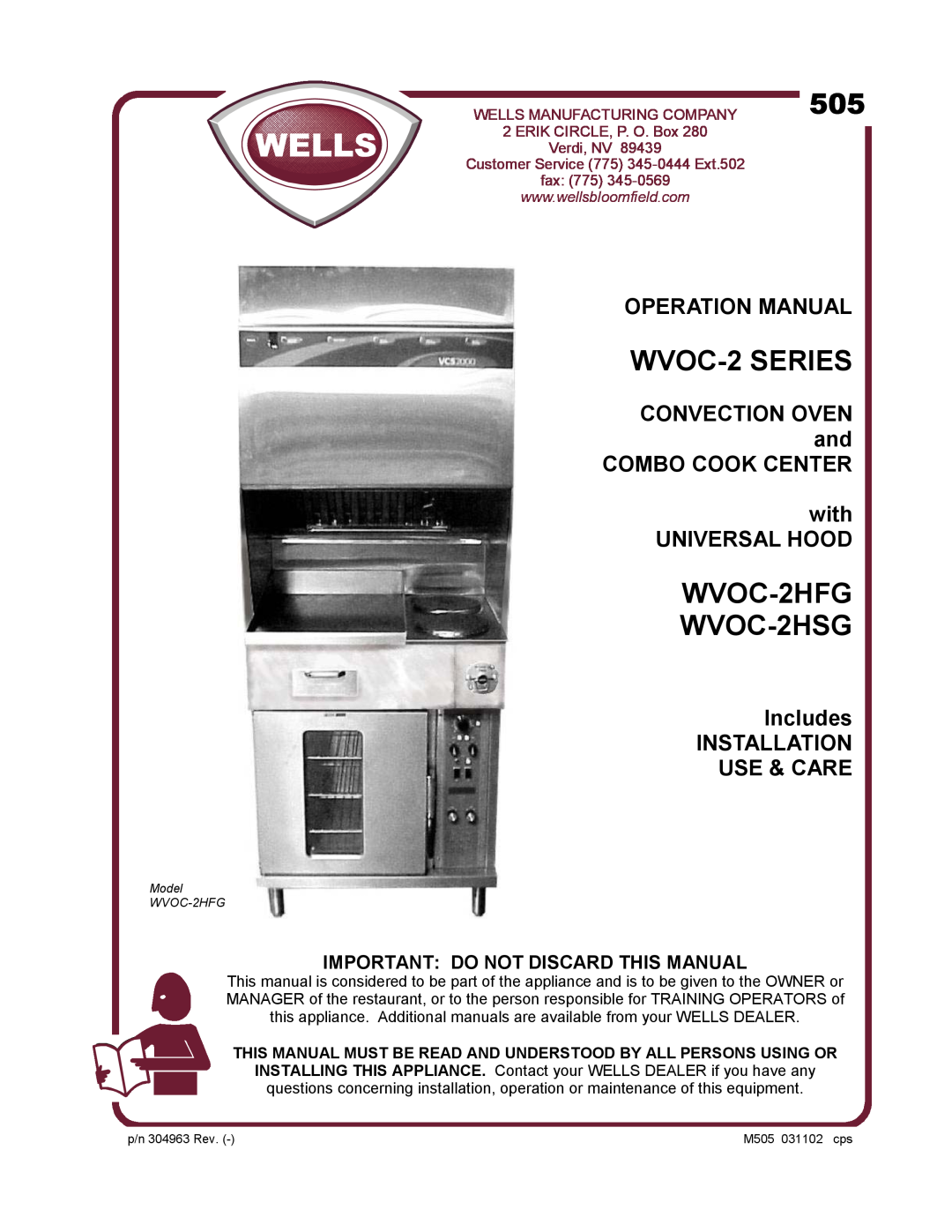 Bloomfield WVOC-2HFG operation manual COMBO COOK CENTER with UNIVERSAL HOOD, Includes INSTALLATION USE & CARE, Verdi, NV 