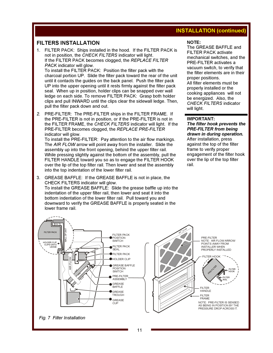 Bloomfield WVOC-2HFG, WVOC-2HSG operation manual Filters Installation, INSTALLATION continued, Filter Installation 