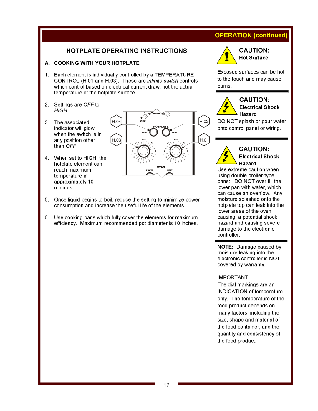 Bloomfield WVOC-2HFG, WVOC-2HSG Hotplate Operating Instructions, OPERATION continued, A. Cooking With Your Hotplate, High 