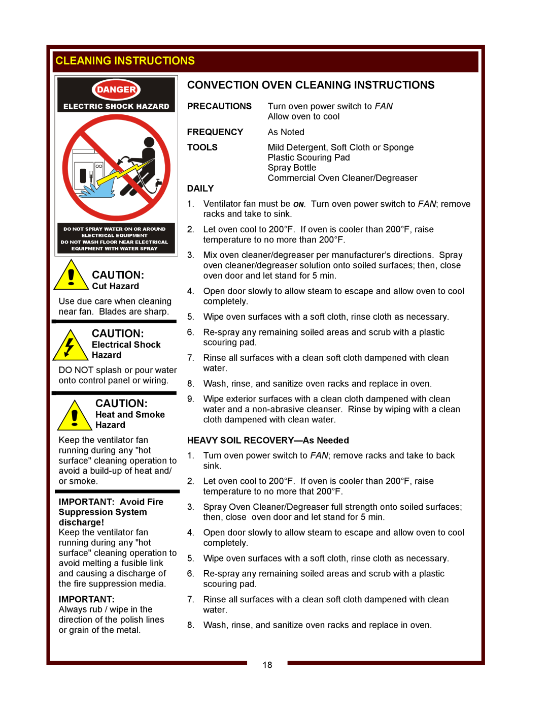 Bloomfield WVOC-2HSG Convection Oven Cleaning Instructions, Cut Hazard, Electrical Shock Hazard, Heat and Smoke Hazard 