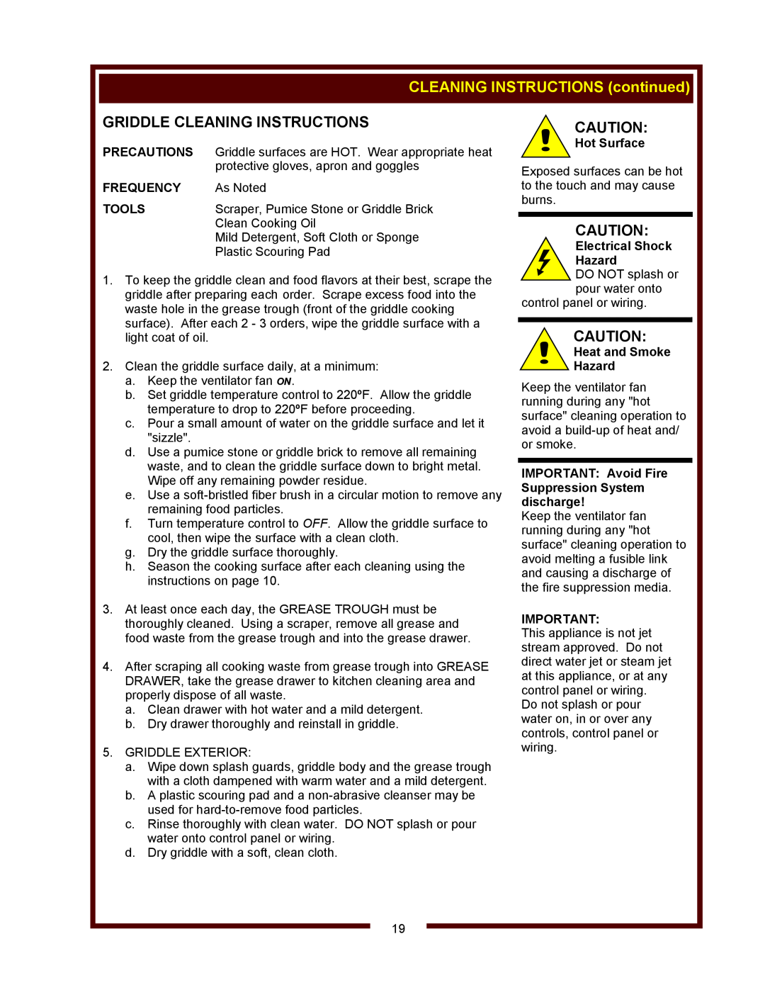 Bloomfield WVOC-2HFG CLEANING INSTRUCTIONS continued, Griddle Cleaning Instructions, Precautions, Frequency, Tools 