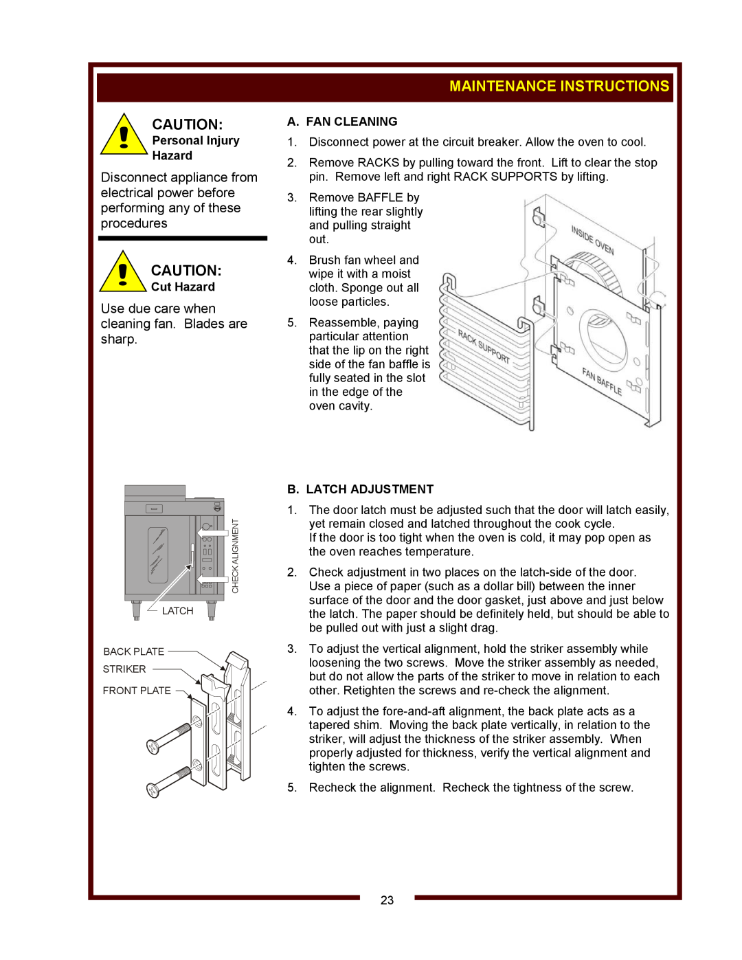 Bloomfield WVOC-2HFG Maintenance Instructions, Use due care when cleaning fan. Blades are sharp, Personal Injury Hazard 