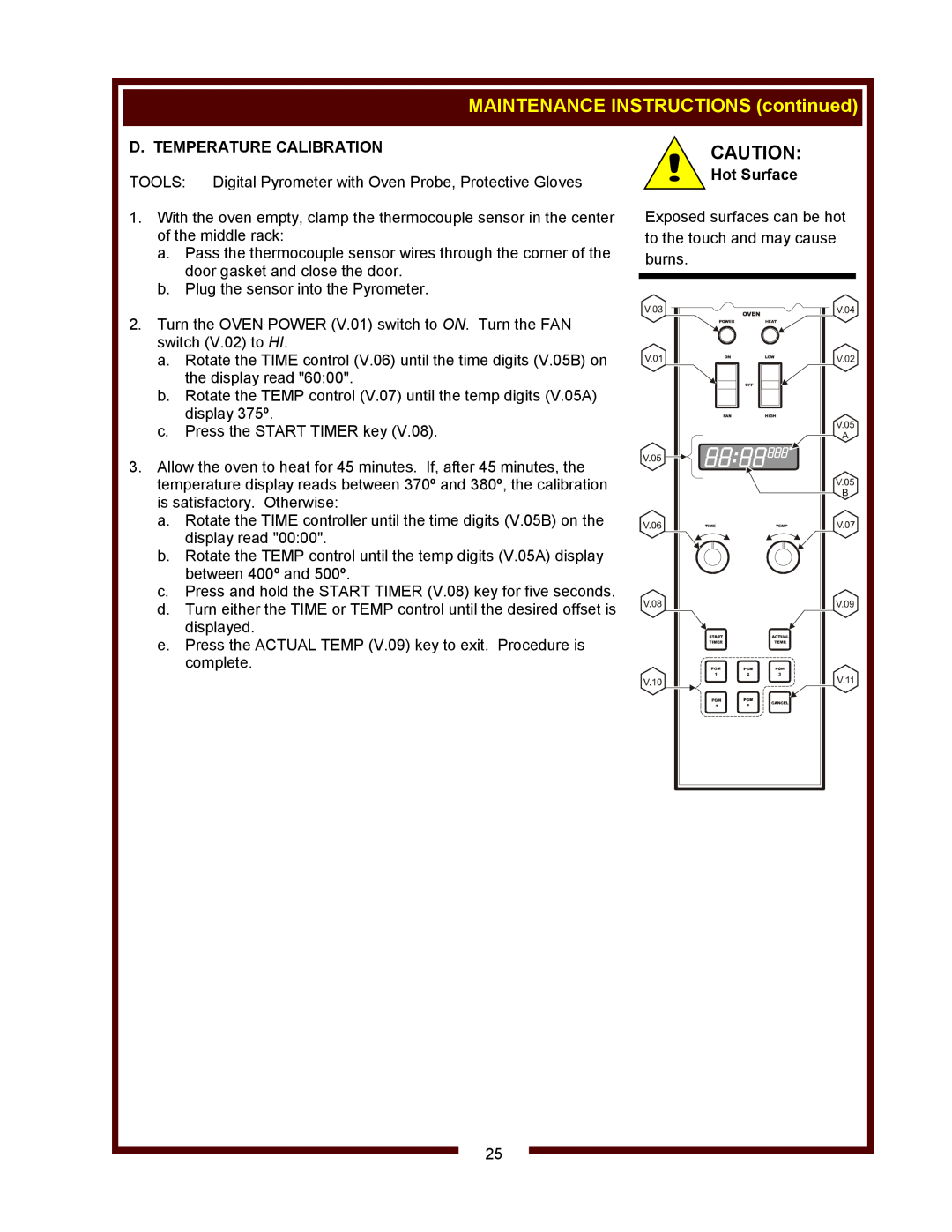 Bloomfield WVOC-2HFG, WVOC-2HSG operation manual MAINTENANCE INSTRUCTIONS continued, D. Temperature Calibration, Hot Surface 