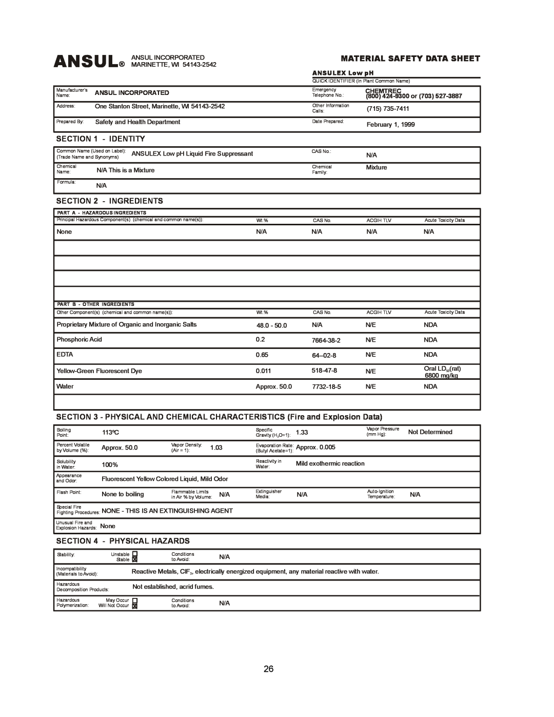Bloomfield WVOC-2HSG Ansul, Identity, Ingredients, Physical Hazards, Material Safety Data Sheet, ANSULEX Low pH, Chemtrec 