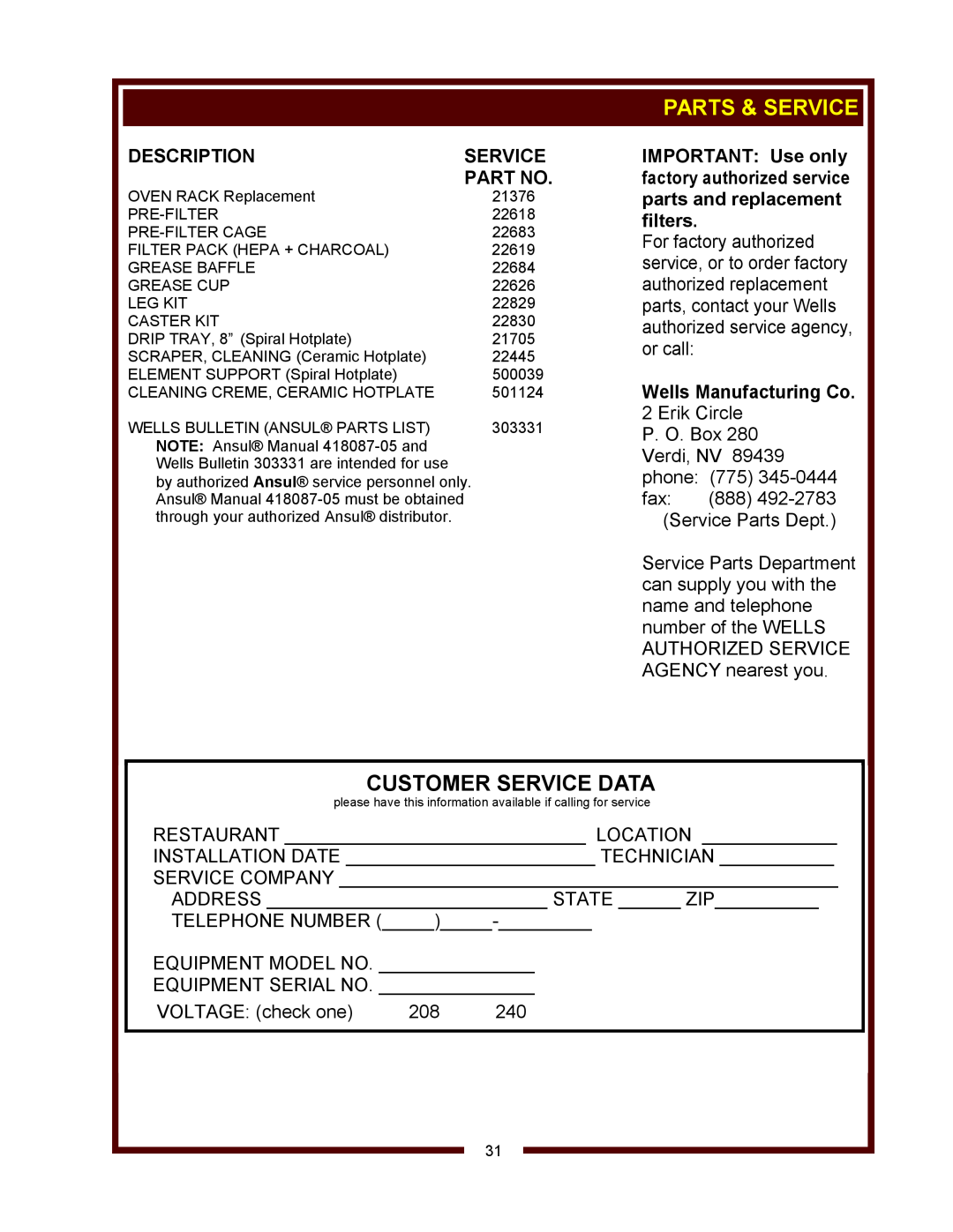 Bloomfield WVOC-2HFG, WVOC-2HSG operation manual Customer Service Data, Description, Wells Manufacturing Co, Parts & Service 