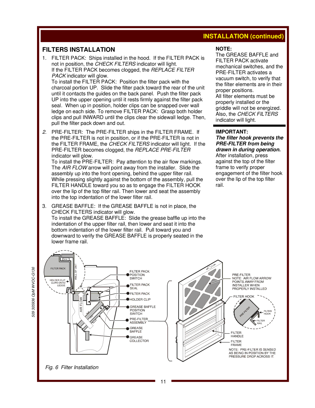 Bloomfield WVOC-G136 operation manual Filter Installation 